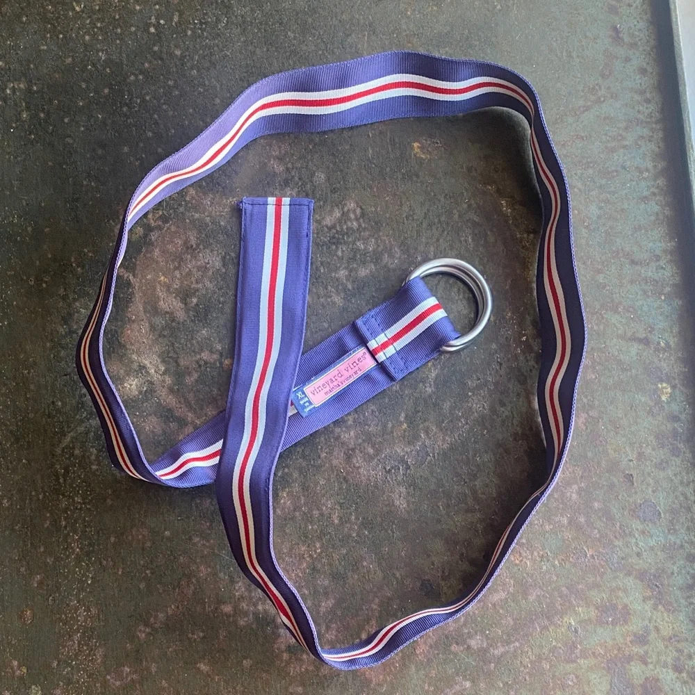 Vineyard Vines Kids D-Ring Woven Ribbon Navy Blue Belt with Red Stripe Unisex XL
